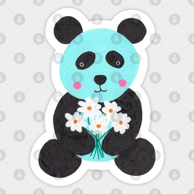 Blue panda holding flowers gouache painting Sticker by NashTheArtist